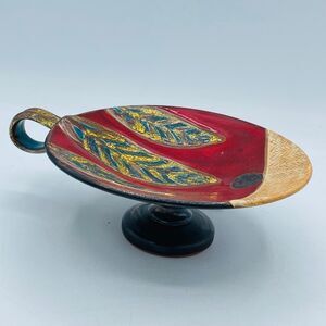 Danko Handmade Thrown Pottery Candle Holder Pedestal Base & Handle Leaf Design